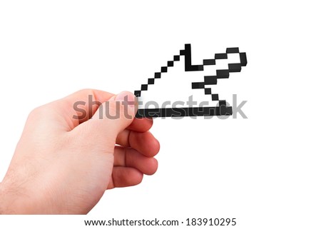 Hand holding computer mouse arrow cursor icon, isolated on white background.