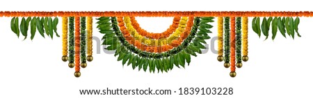 Orange and yellow Marigold Flower and mango leaf garland decoration for indian festival, Indian festive decoration, toran Royalty-Free Stock Photo #1839103228