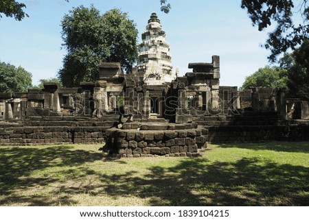 ancient stone castle, ancient buildings, archaeological sites in thailand, landscape view, outdoor photos 