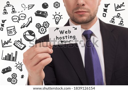 Business, technology, internet and network concept. Young businessman thinks over the steps for successful growth: Web hosting