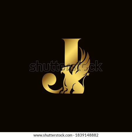 Griffin silhouette inside gold letter J. Heraldic symbol beast ancient mythology or fantasy. Creative design elements for logotype, emblem, monogram, icon or symbol for company, corporate, brand name.