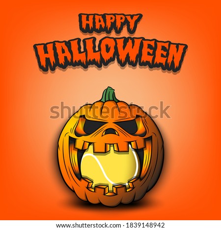 Happy Halloween. Tennis ball inside frightening pumpkin. The pumpkin swallowed the ball with burning eyes. Design template for banner, poster, greeting card, party invitation. Vector illustration