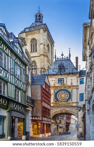 Gros-Horloge (English: Great-Clock) is a fourteenth-century astronomical clock in Rouen, Normandy, France Royalty-Free Stock Photo #1839150559