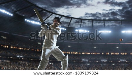 Cricket player in action on a professional stadium. Stadium is made in 3d.