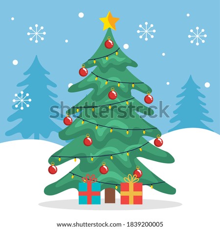 merry christmas pine tree with gifts and snowflakes design, winter season and decoration theme Vector illustration