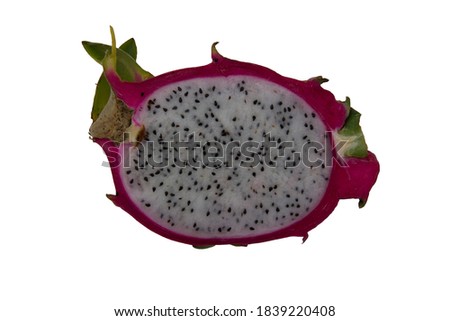 Organic Dragon fruit or Pitahaya has white flesh, juicy, contains many tiny black seed. Fruit has red shell green leaf petals. On white background. Chiang Mai Thailand.