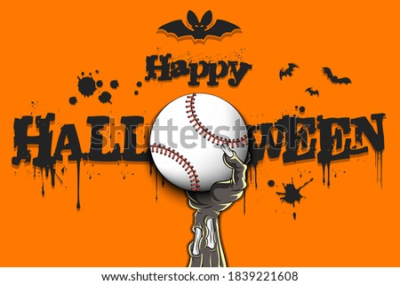 Happy Halloween. Zombie hand is holding a baseball ball. Template baseball design. Grunge style. Pattern for banner, poster, greeting card, flyer, party invitation. Vector illustration