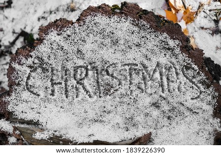 Written word -  christmas - on a snowy stump, new year concept. Merry Christmas