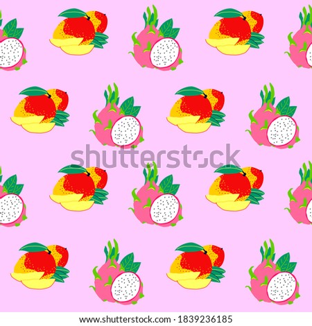 Pattern dragon fruit  and mango. Exotic fruits