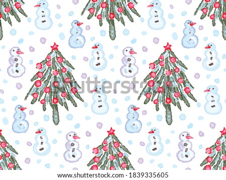 Seamless hand drawn vector Christmas pattern - decorated christmas tree and snowmen in watercolor style