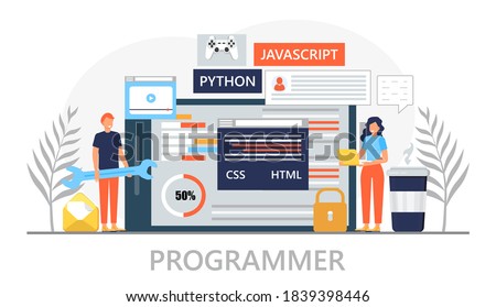 Web developer concept vector for landing page. Programmer constructs website and writes code. Software engineer working in digital or AI technology. Software development in IT company.
