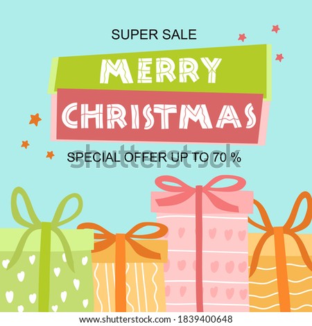 
Conceptual vector illustration of merry Christmas. Gifts with different patterns. The inscription merry Christmas! discounts, sales