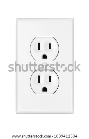 An American 110 volt three prong electrical power outlet isolated on white. Royalty-Free Stock Photo #1839412504