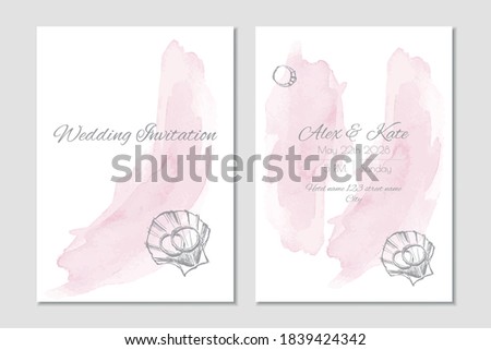 Vector wedding invitation template with watercolor background and ink wedding rings in a shell