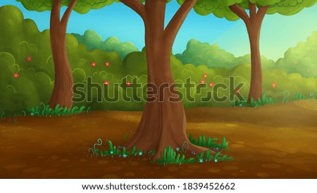Forest cartoon background art illustration. Book game style design.
