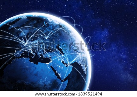 Connections around planet Earth viewed from space at night, cities connected around the globe by shiny lines, international travel or global business finance, world connectivity, elements from NASA Royalty-Free Stock Photo #1839521494