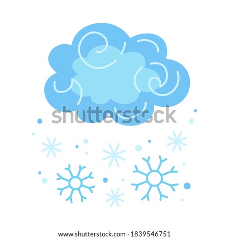 Winter cloud snow, snowflake cartoon style. Abstract flat cold weather colors hand drawn symbol. Cute blizzard nature weather element. Meteorological infographics for print, fabric. Vector