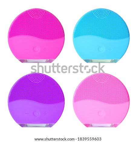 Set of silicone facial brushes isolated on white background. Beauty gadget.
