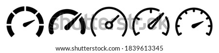 Speedometer, tachometer icon. Speed indicator sign. Internet car speed. Performance concept. Speedometer set. Fast speed sign. Flat simple icon - stock vector. Royalty-Free Stock Photo #1839613345
