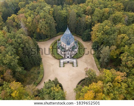 Aerial view of Schwarzenberg tomb from 18th century. Tomb is famous tourist attraction near Trebon, South Bohemia. Historical landmark from above in Czech republic, European union. gothic style