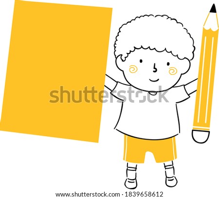 Illustration of a Kid Boy Student Holding a Big Blank Paper and Pencil