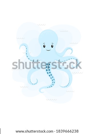 Postcard with an octopus. Cartoon illustration of an octopus. Children's print for children's clothing,poster, postcard, baby shower, invitation card. Vector illustration