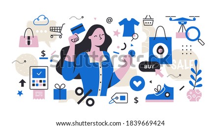 Shopping time. Excited woman with a credit card anticipates new purchases. Consumerism abstract illustration. Shopping & e-commerce concept Royalty-Free Stock Photo #1839669424