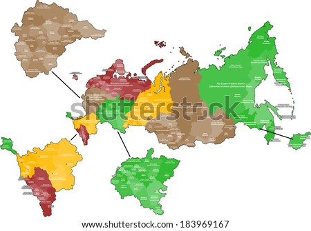Large and colored map of Russia with all districts, republics and main cities. Royalty-Free Stock Photo #183969167