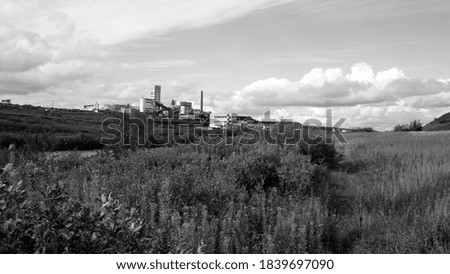 the black white frames, a coal mine in the middle of summer landscape