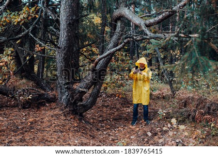 man with smartphone taking pictures of nature autumn forest after rain - yellow leaves and sad mood 