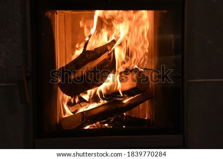 
flame of a fire of a wood stove and a fireplace