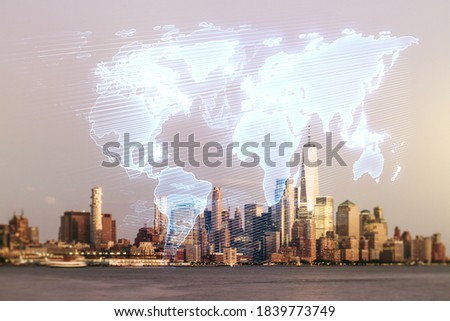 Multi exposure of abstract creative digital world map hologram on New York city skyline background, tourism and traveling concept