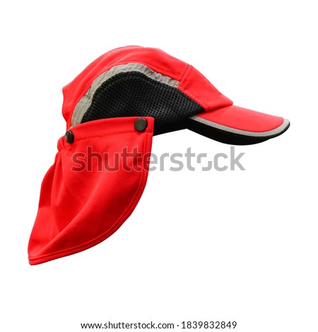 Women red hat with child hood protection sun UV side view isolated on white background. This has clipping path.                               