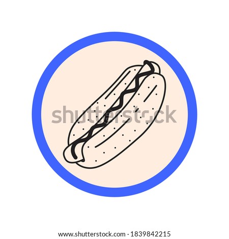 
Символ хотдог. Хотдог вектор. Хот дог иконка. Hot dog outline. Blue ring with beige background. Color vector drawing.