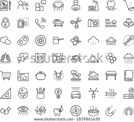 Thin outline vector icon set with dots - elk vector, Car wash service, Stationery, Scissors, Vision, Property plan, curve pen, Photography, Puzzle, Stamps collecting, house, Fish, shopping cart, pan