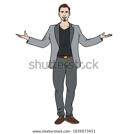 illustration of a man with arms outstretched and wearing a gray suit. welcome, wizard, whole body.