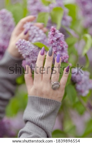 Womans hands with long nails with violet purple nail polish