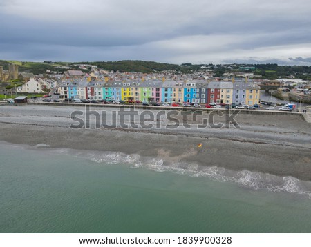 Colourful homes at the South Beach Promenade in Aberystwyth, Ceredigion, Wales, UK. These houses have a great coastal view of the Irish Sea  Royalty-Free Stock Photo #1839900328
