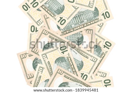 10 US dollars bills flying down isolated on white. Many banknotes falling with white copyspace on left and right side