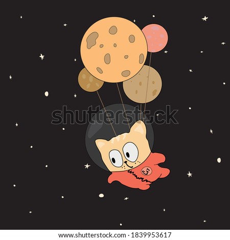 The astronaut cat soars. Balloons. Against the background of the starry sky.