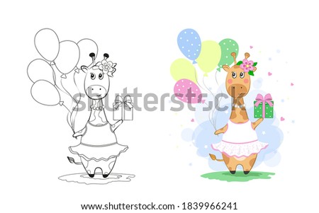 Vector illustration of cute giraffe with gift and balls,isolated on white background.Children's coloring book.