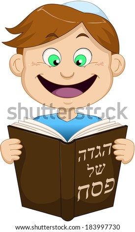Vector illustration of a boy reading from Haggadah of Passover. The title on the front cover says "Haggadah of Passover". 