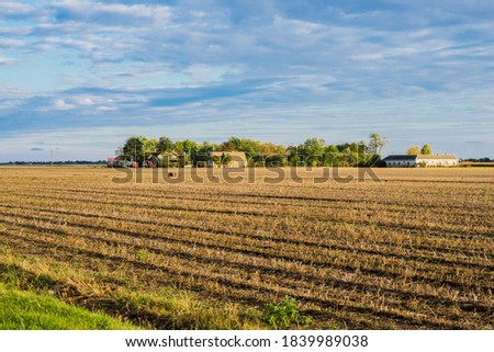 Landscape photo of harvested crop field in autumn with blue sky and clouds at the end of the sunny day