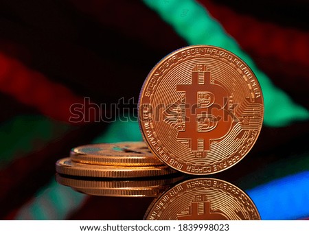 Bitcoin close up. Bitcoin gold coins.