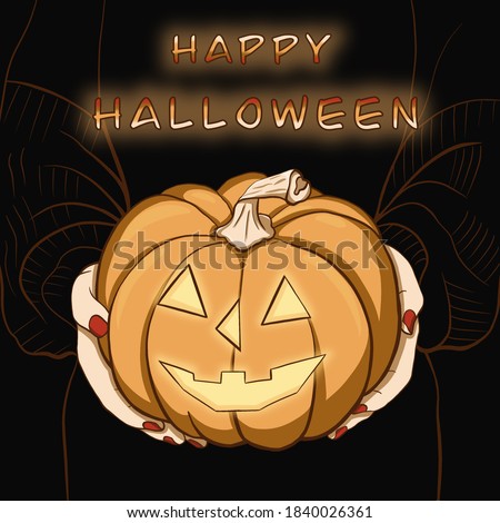 Happy Halloween day card with lettering on black background. Girl with red nails holding Jack O Lantern Pumpkin. Digital hand drawn cartoon illustration in flat style. Good for Halloween design.

