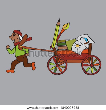 cartoon of a designer-artist pulling a cart with drawings