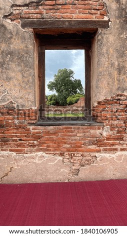 Old brick and old block came to the wall at the old temple in Thailand. The original picture frame shown the great tree.