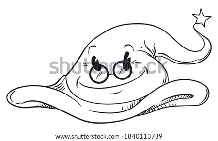 Isolated wise wizard hat wearing glasses, band and star in hand drawn style over white background.
