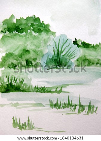 Summer watercolor landscape in shades of green