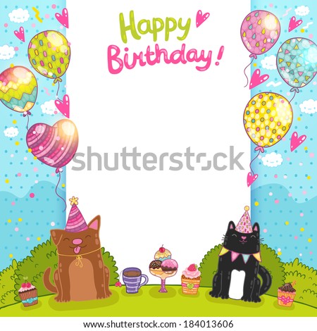 Happy Birthday card background with a cat, dog and cupcakes. 